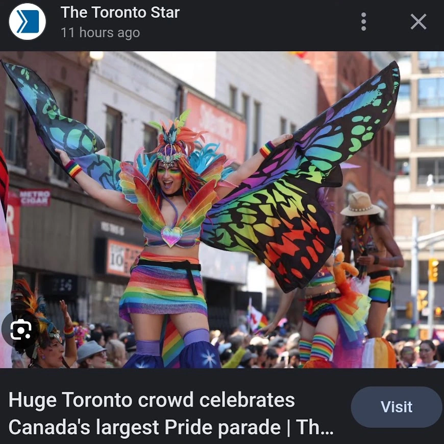 News article featuring Hala Circus Arts Pride stilt-walkers performing at community event
