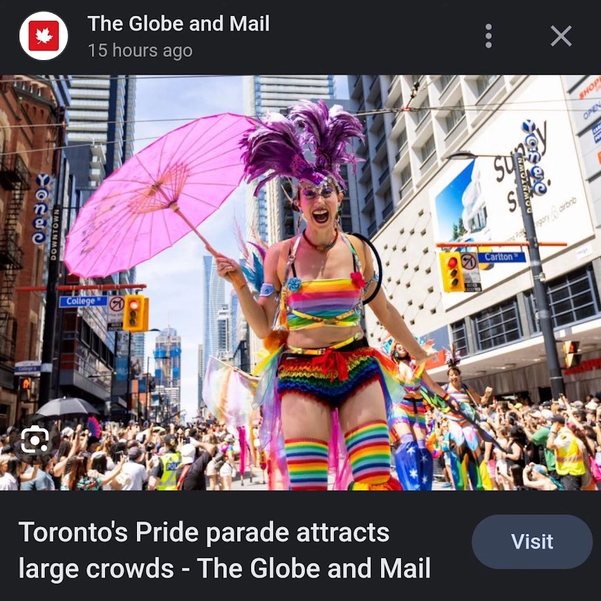 Press coverage of Hala Circus Arts rainbow stilt performers at Pride celebration