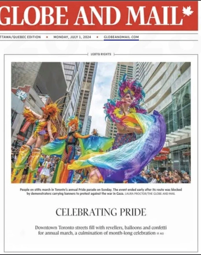 Close-up of Globe and Mail front page Celebrating Pride article featuring Hala Circus Arts performers on stilts