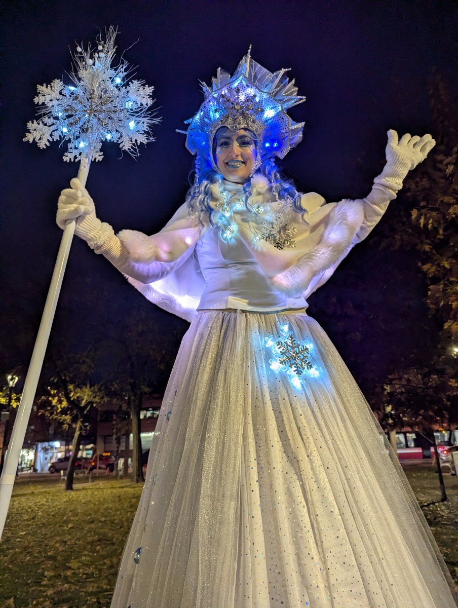 Hire event and circus performers Toronto Hala on stilts Entertainment stiltwalkers Ice Queen
