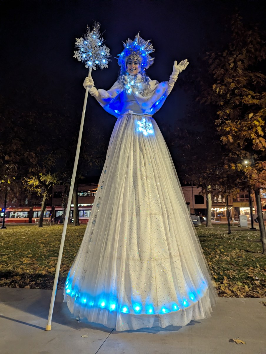 Hire event and circus performers Toronto Hala on stilts Entertainment stiltwalkers Ice Queen