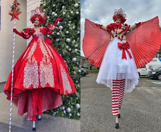 Hire circus performers Toronto Hala on stilts event Entertainment stiltwalkers christmas pointsettia princess