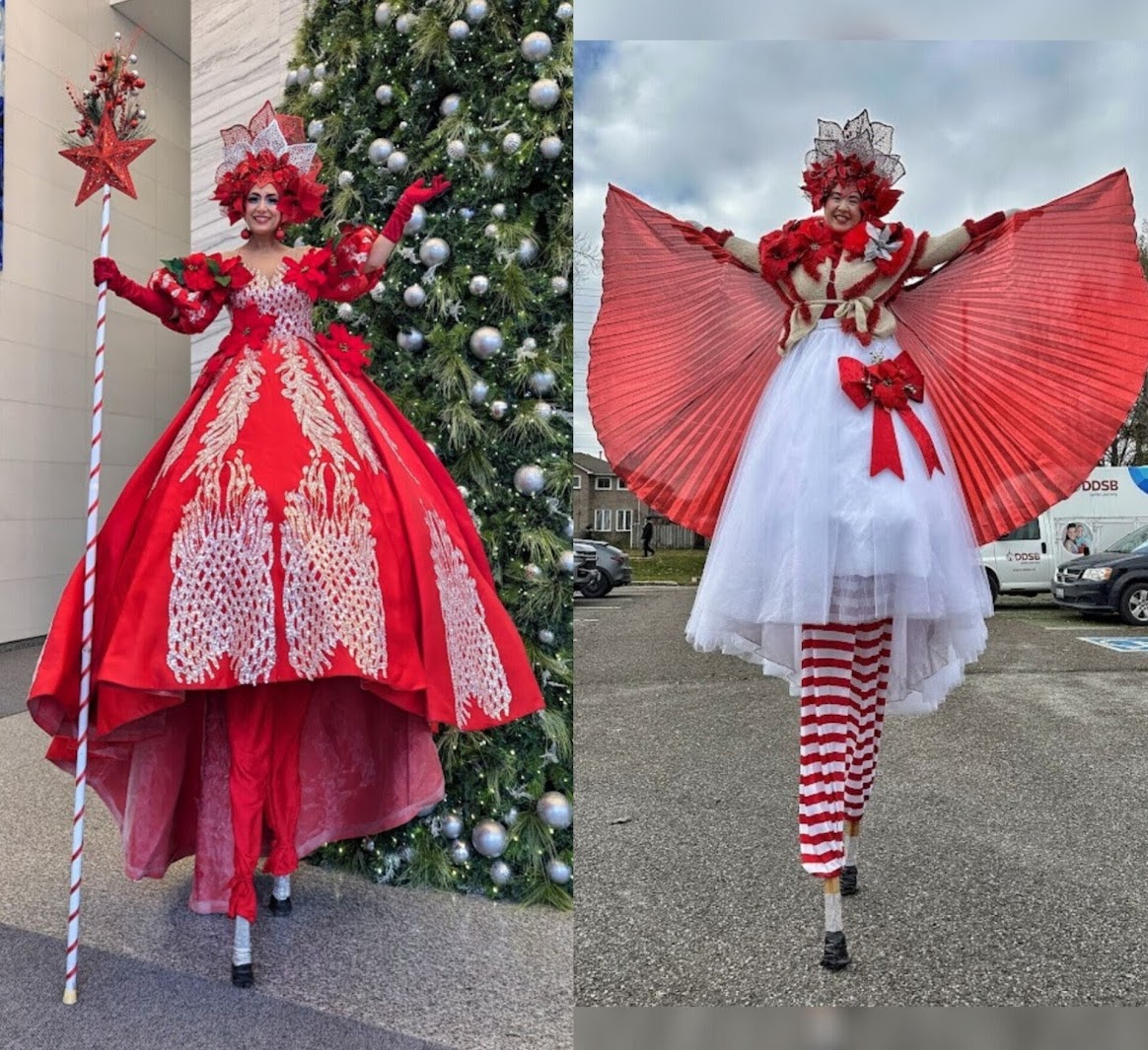 Hire circus performers Toronto Hala on stilts event Entertainment stiltwalkers christmas pointsettia princess