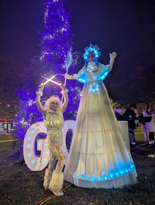 Hire event performers Toronto Hala circus Arts Hala on stilts Entertainment Sparkle flow hooper and LED Ice queen Stiltwalker